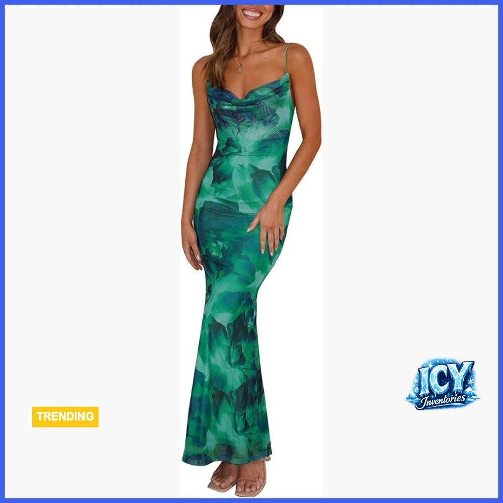 Floral Spaghetti Strap Maxi Bodycon Dress with Stretch Fabric Backless